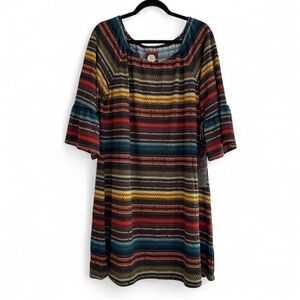 NEW Double D Ranch Aztec Striped 3/4 Bell Sleeve Short Dress Western Women Large